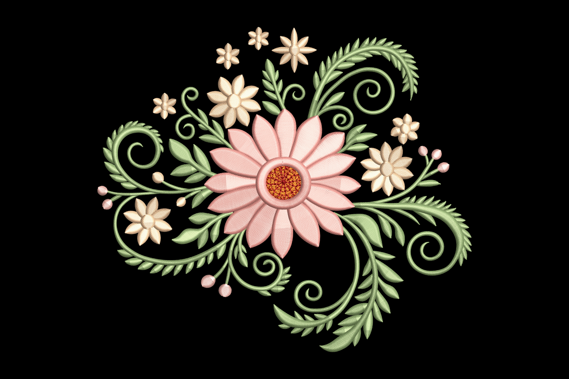 Decorative floral design with pink flowers and green leaves on a black background