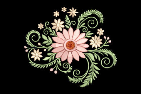 Decorative floral design with pink flowers and green leaves on a black background