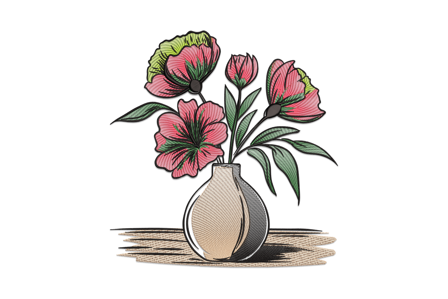 Pink floral vase machine embroidery design, 5 colours, soft botanical style with roses and sage green leaves on cream vase