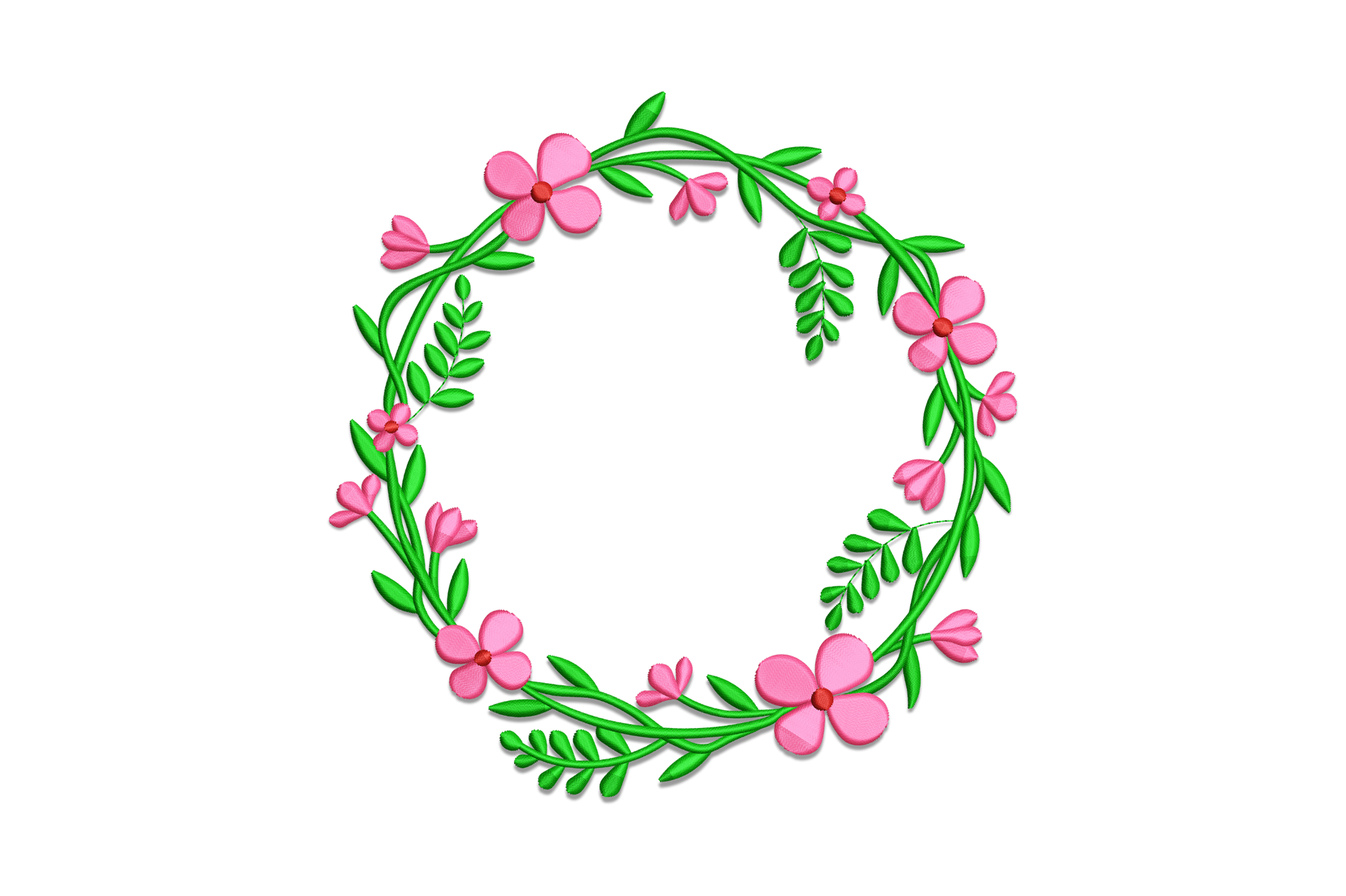 Pink floral wreath machine embroidery design with bubblegum pink blooms and green fern leaves on white background