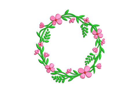 Pink floral wreath machine embroidery design with bubblegum pink blooms and green fern leaves on white background