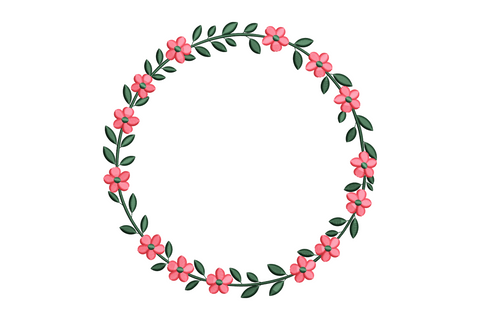 Pink flower circle frame embroidery wreath, soft pink five-petal flowers and sage green leaves on a thin vine ring with hollow centre for monogram