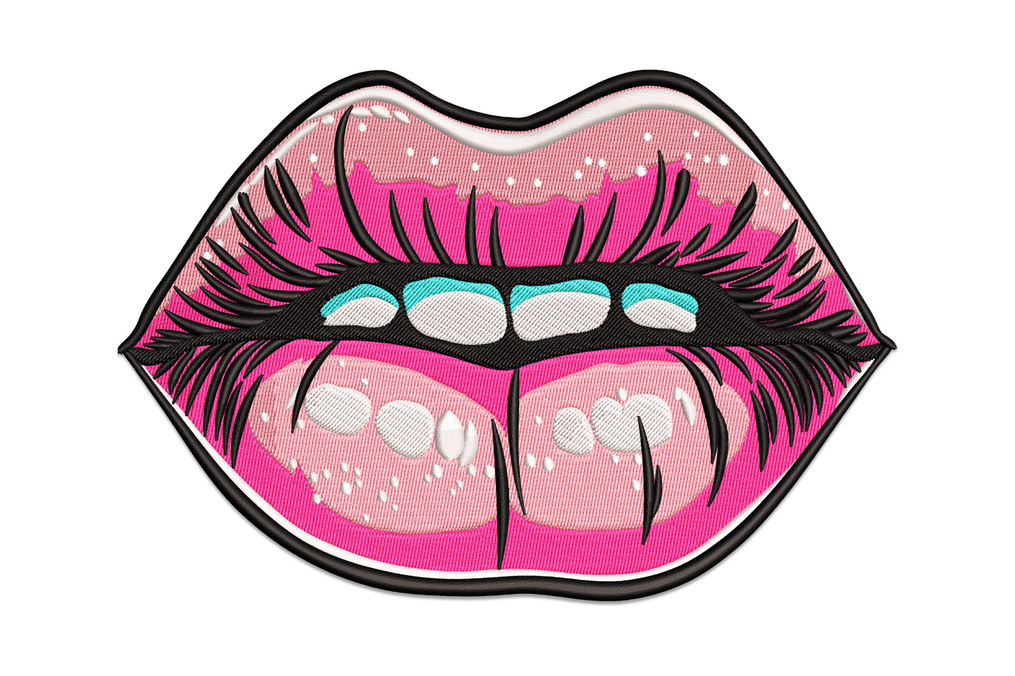 Machine embroidery design of glamorous parted lips in deep rose and baby pink satin stitch with a bright highlight centre, high-density fashion style