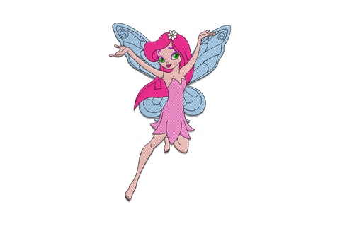 Pink hair fairy embroidery design mid-flight with hot pink flowing hair, cornflower blue butterfly wings, rose pink petal dress and a white daisy hair clip.