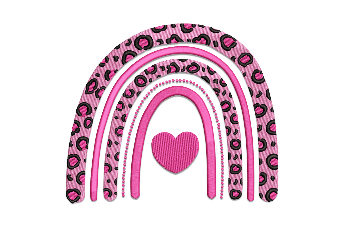 Pink leopard rainbow heart embroidery design with leopard-print arc bands and hot-pink satin heart at the base