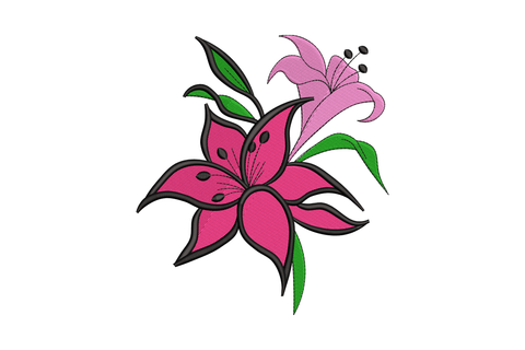 Pink lily duo embroidery with a hot magenta lower lily with spot details and a soft pale pink upper lily, green leaves and black outlines stacked vertically.
