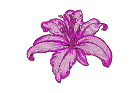 Pink lily flower embroidery design with 6 petals and stamens, botanical illustration style in soft pink and rose pink thread