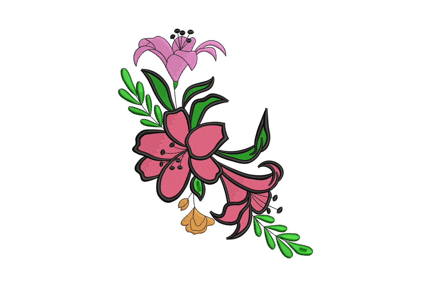 Pink lily swirl floral embroidery with bold black outlined petals, hot pink and salmon fill, green curved leaves and a small orange accent bud.