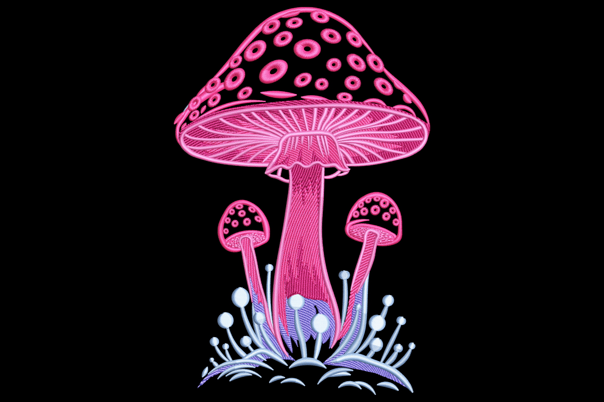 Fantasy embroidery design showing glowing pink and magenta mushrooms with spore dots on dark fabric
