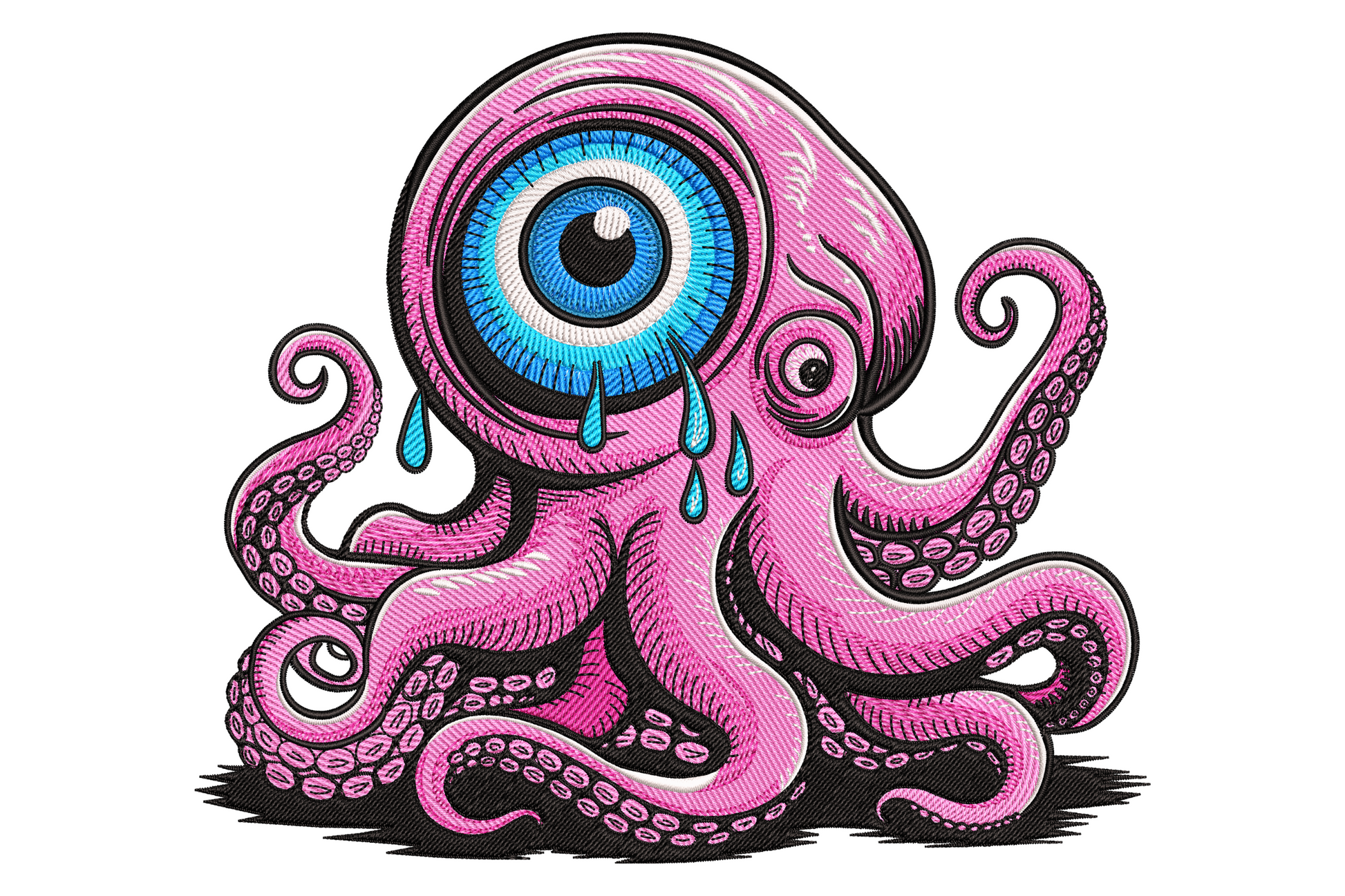Pink octopus embroidery design with one giant blue cyclops eye, crying tear drops, and detailed tentacles