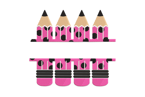 Pink polka dot pencil border embroidery, repeating row of hot pink pencils with white dots on white background