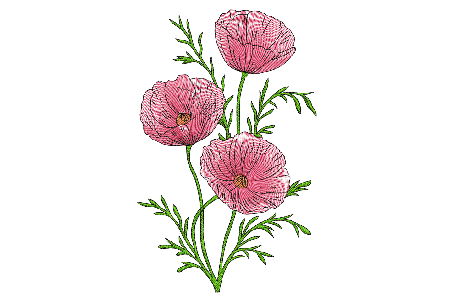 Pink poppy flower embroidery design with three dusty-pink blooms on one stem, feathery green leaves and tan seed pod centres.