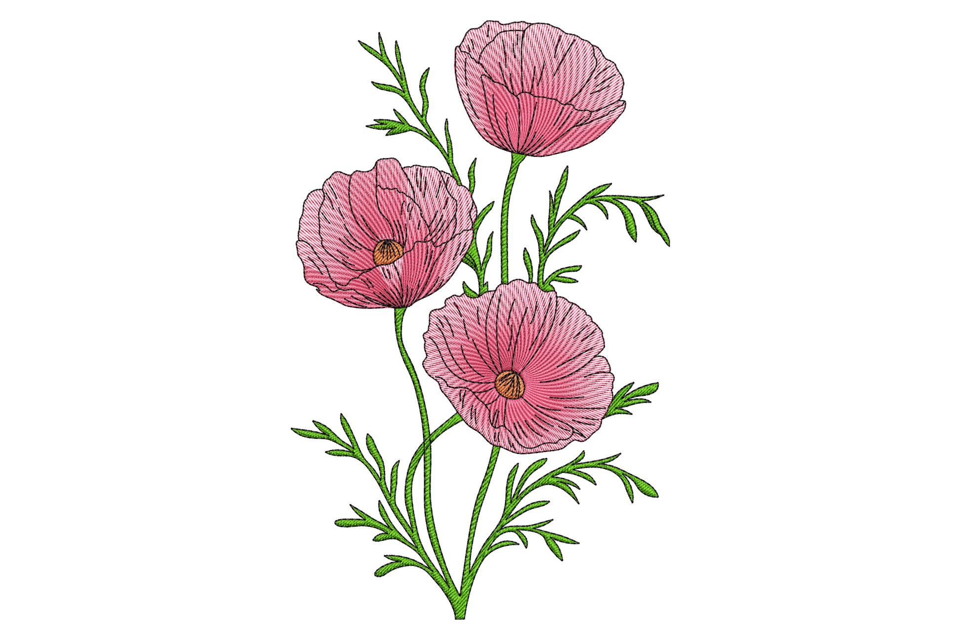 Pink poppy flower embroidery design with three dusty-pink blooms on one stem, feathery green leaves and tan seed pod centres.