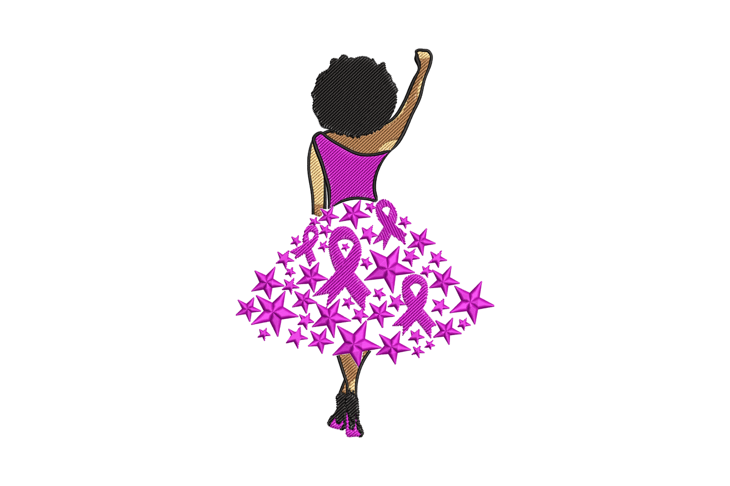 Machine embroidery design of a ballerina seen from behind with arm raised, wearing a tutu covered in pink stars and awareness ribbon shapes.