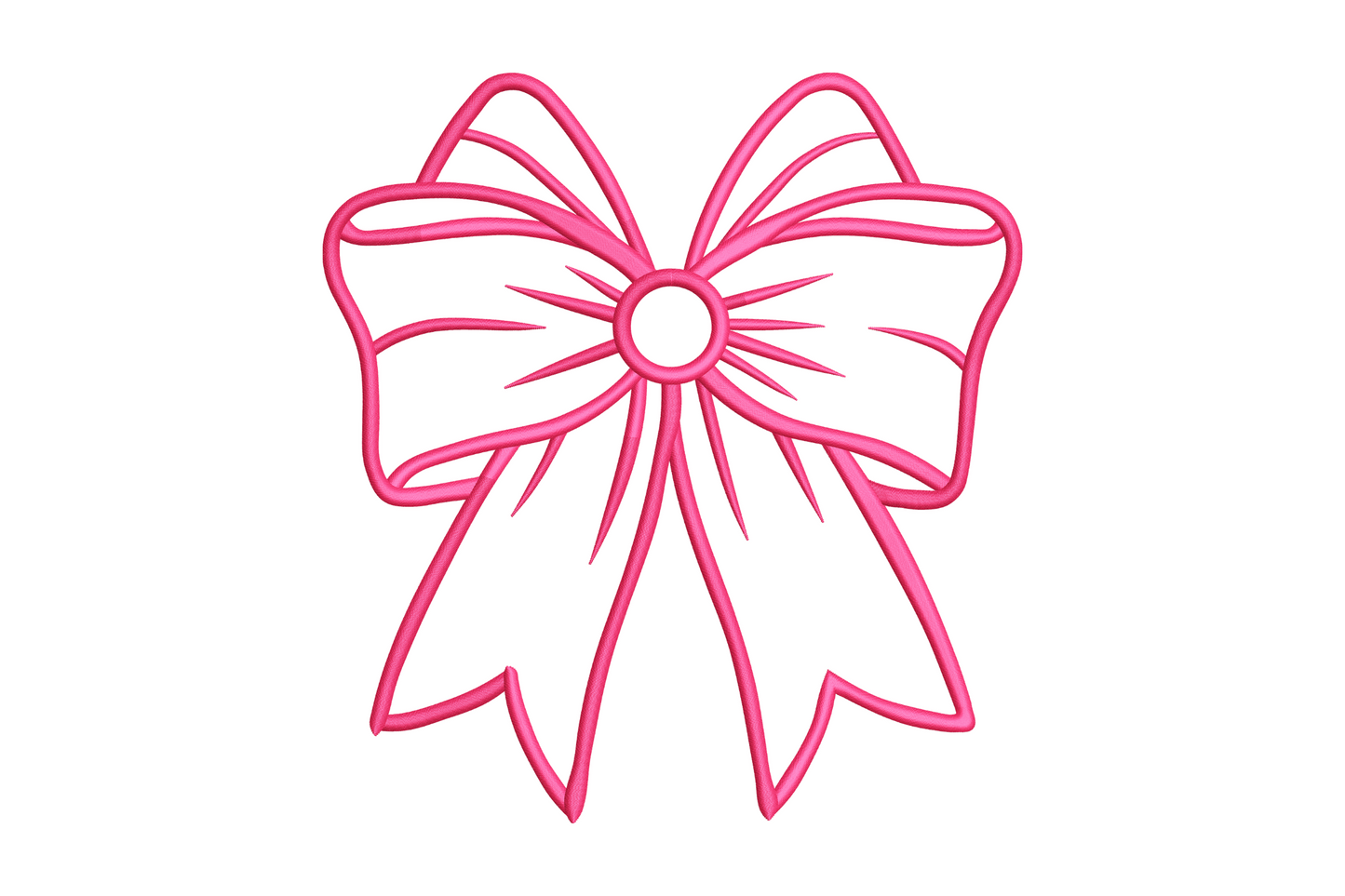 Pink ribbon bow embroidery in outline style with looped wings, a round centre knot and notched ribbon tails.