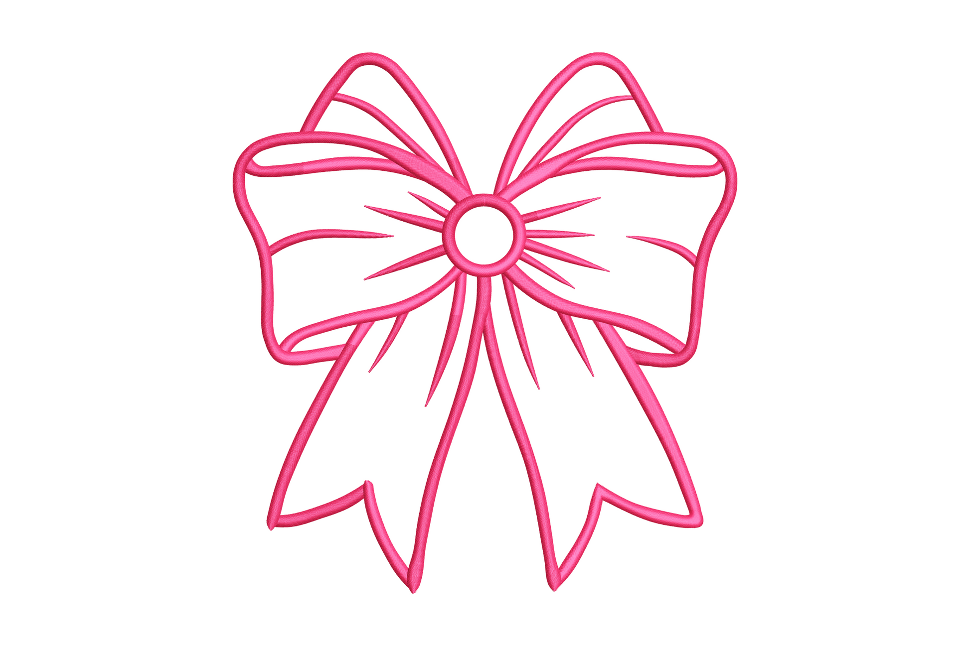 Pink ribbon bow embroidery in outline style with looped wings, a round centre knot and notched ribbon tails.