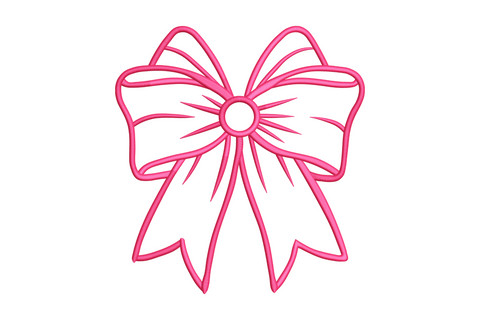 Pink ribbon bow embroidery in outline style with looped wings, a round centre knot and notched ribbon tails.
