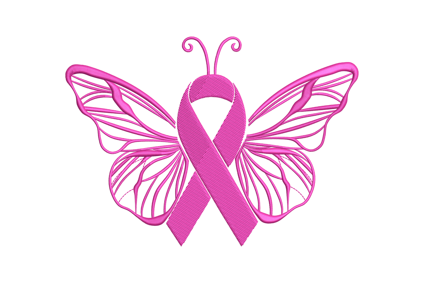 Machine embroidery design of a butterfly with a pink awareness ribbon as the body and open filigree line-work wings, single colour on white background.