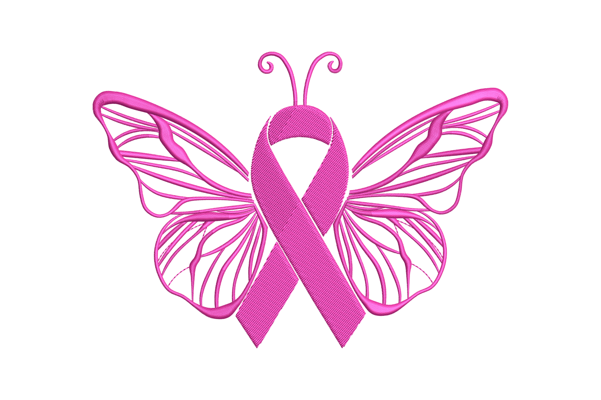 Machine embroidery design of a butterfly with a pink awareness ribbon as the body and open filigree line-work wings, single colour on white background.