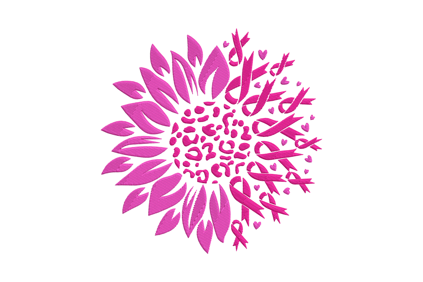 Machine embroidery design of a circular sunflower shape with pink awareness ribbon petals, leopard-spot textured centre, and tiny red heart accents at the edges.