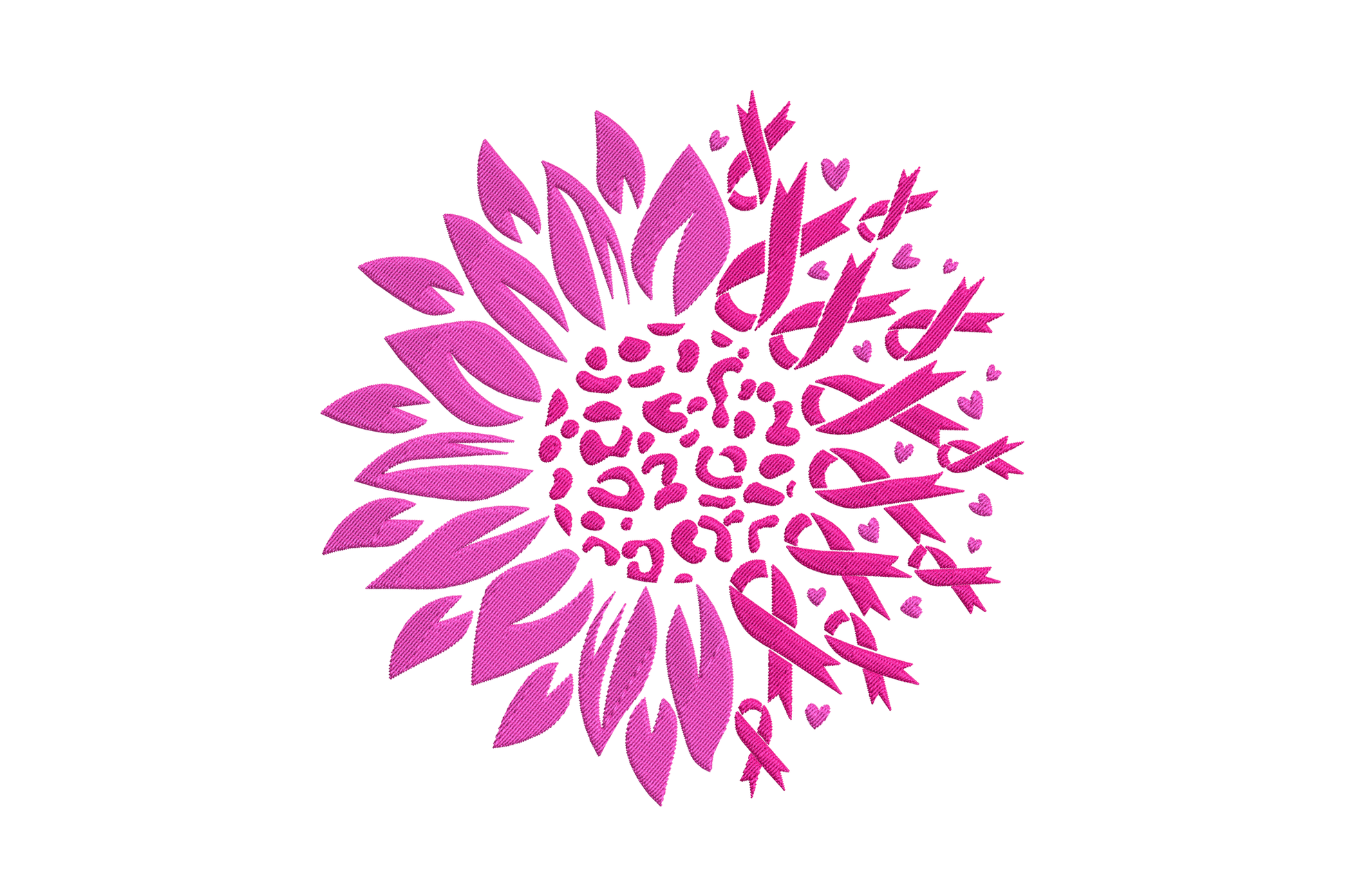 Machine embroidery design of a circular sunflower shape with pink awareness ribbon petals, leopard-spot textured centre, and tiny red heart accents at the edges.