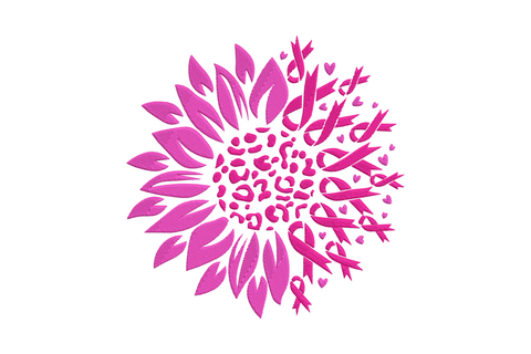 Machine embroidery design of a circular sunflower shape with pink awareness ribbon petals, leopard-spot textured centre, and tiny red heart accents at the edges.