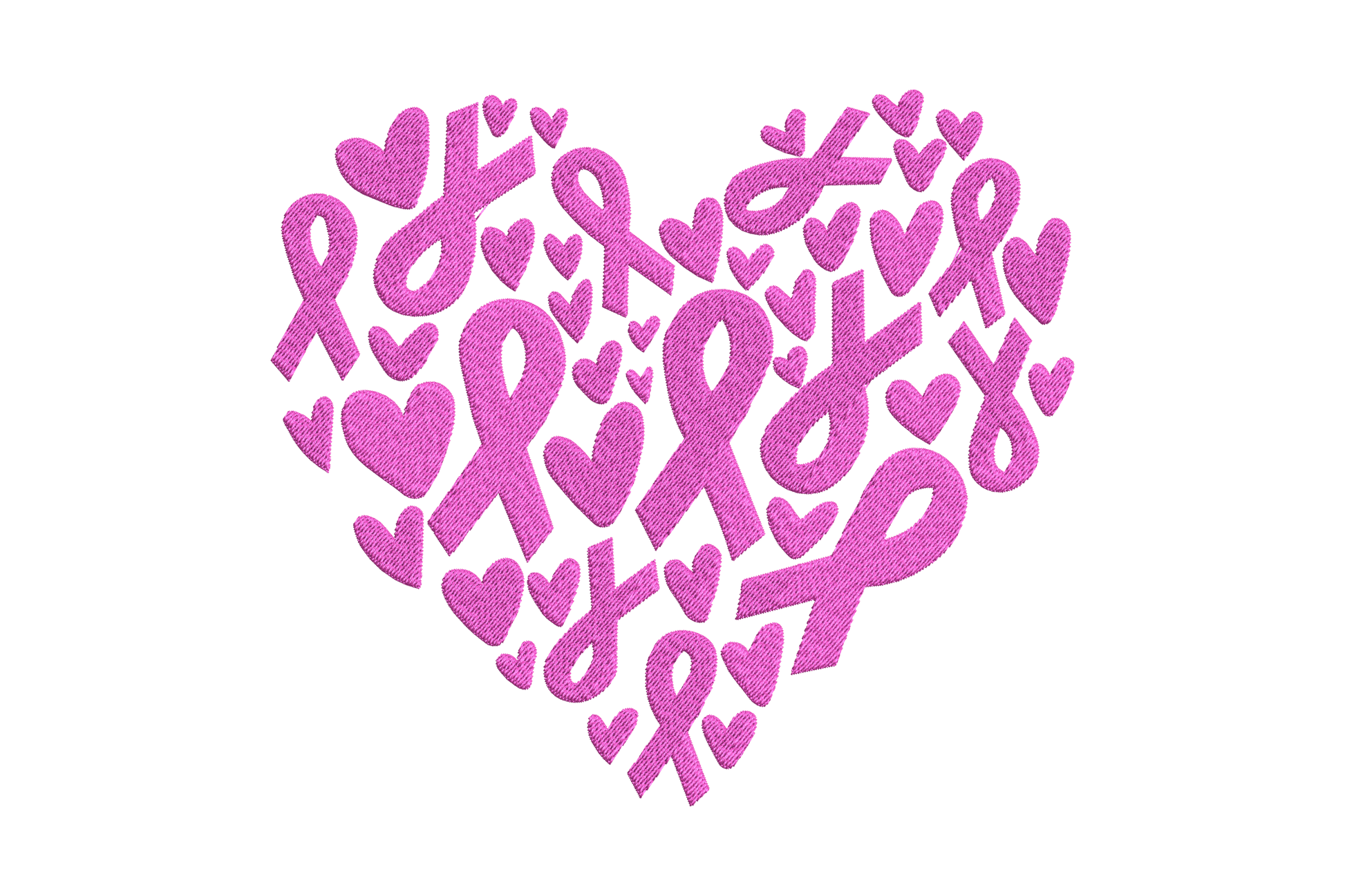 Machine embroidery design of a heart shape formed from interlocking pink awareness ribbons and small hearts, single colour, on white background.