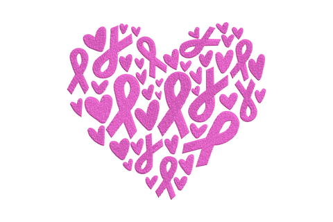 Machine embroidery design of a heart shape formed from interlocking pink awareness ribbons and small hearts, single colour, on white background.
