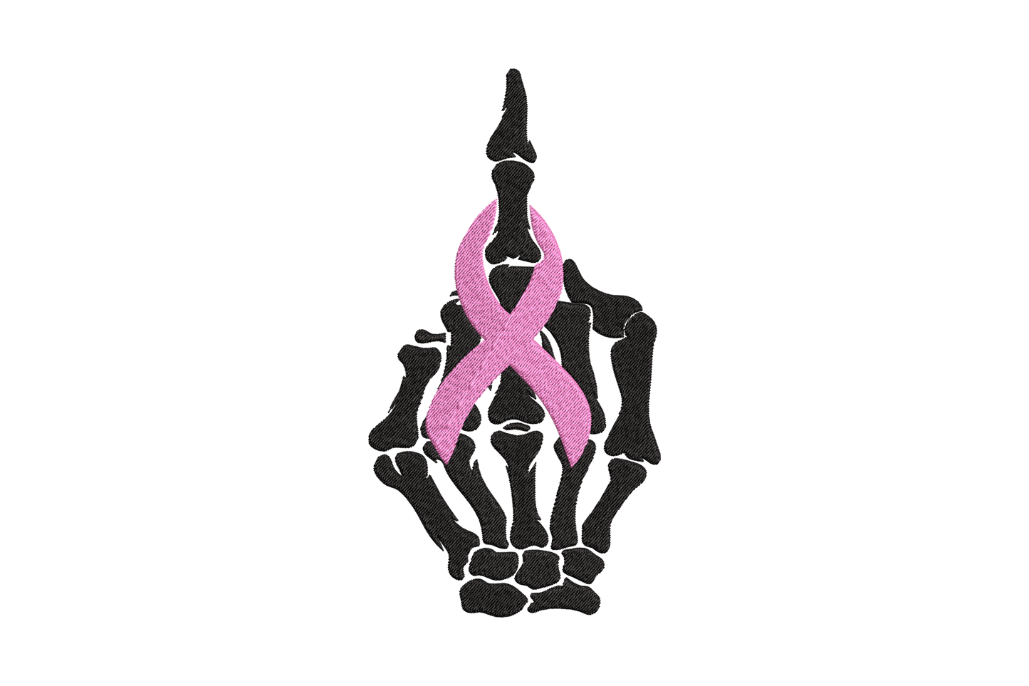Machine embroidery design of a black skeleton hand cradling a pink awareness ribbon between its fingers, two-colour graphic design on white background.