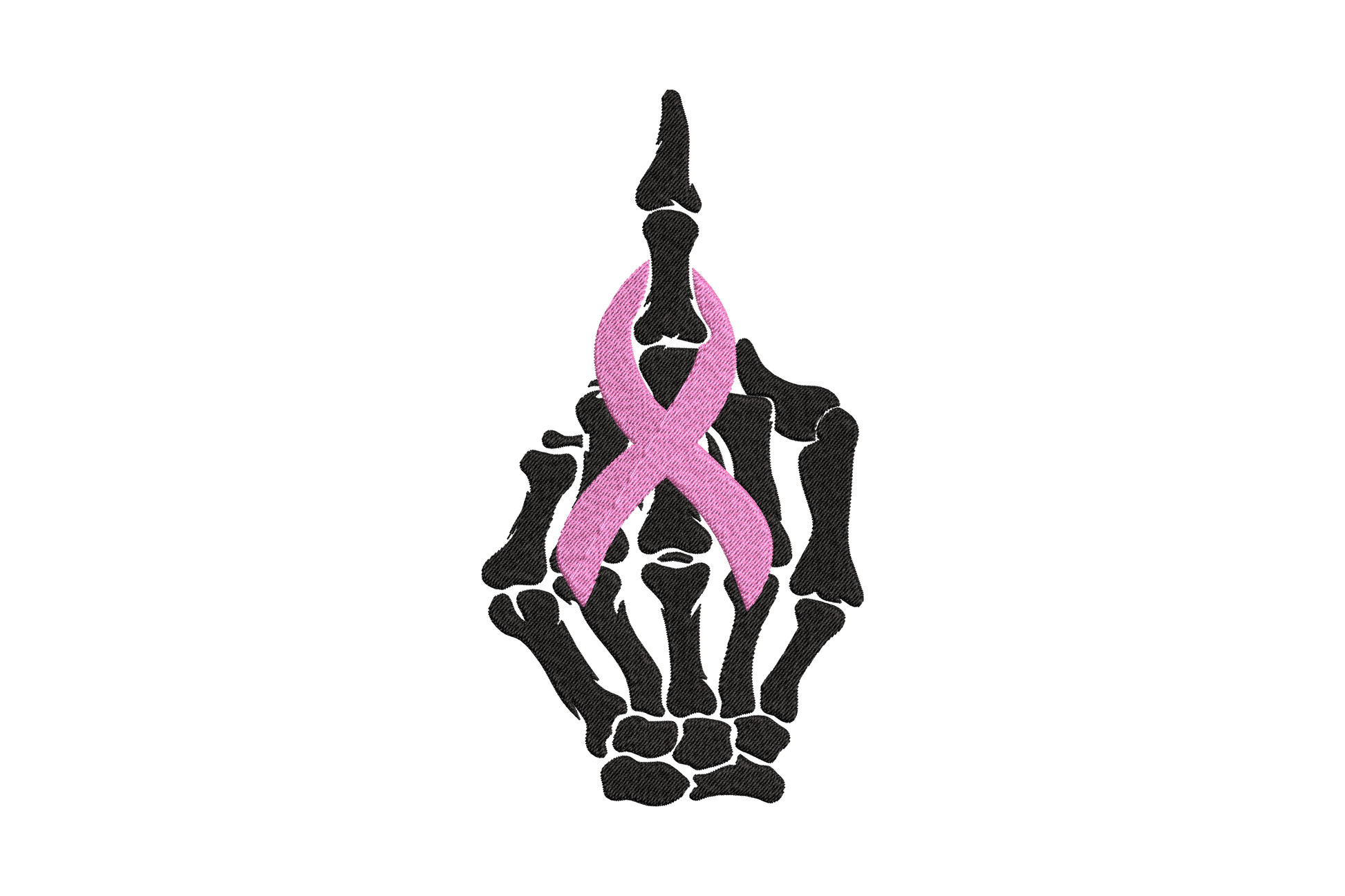 Machine embroidery design of a black skeleton hand cradling a pink awareness ribbon between its fingers, two-colour graphic design on white background.