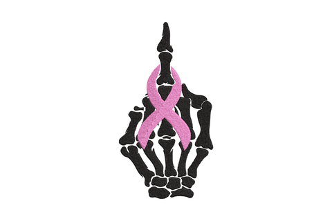 Machine embroidery design of a black skeleton hand cradling a pink awareness ribbon between its fingers, two-colour graphic design on white background.