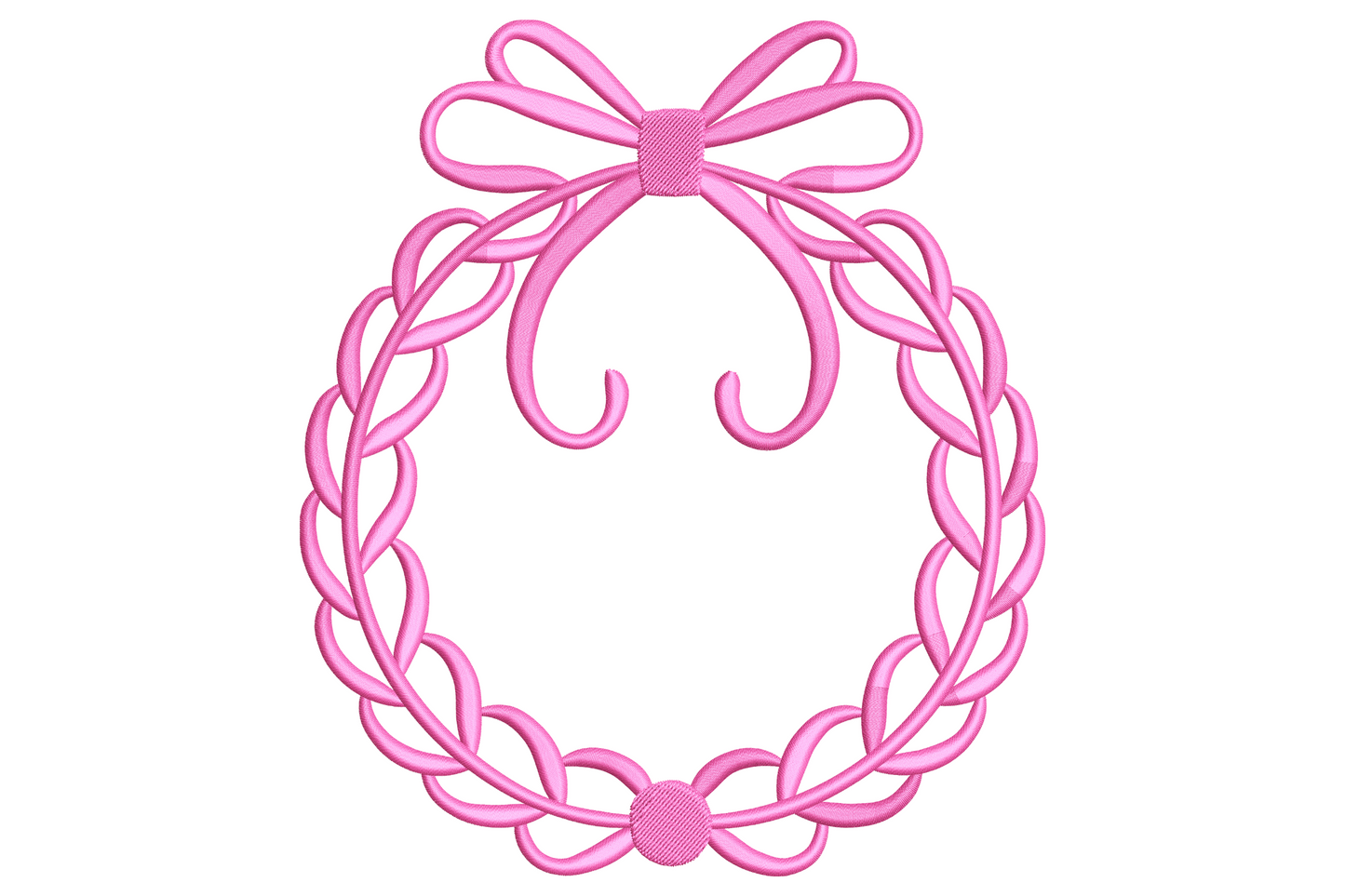 Soft pink ribbon wreath frame embroidery design with a small bow at the bottom and an open centre ready for a baby name monogram.
