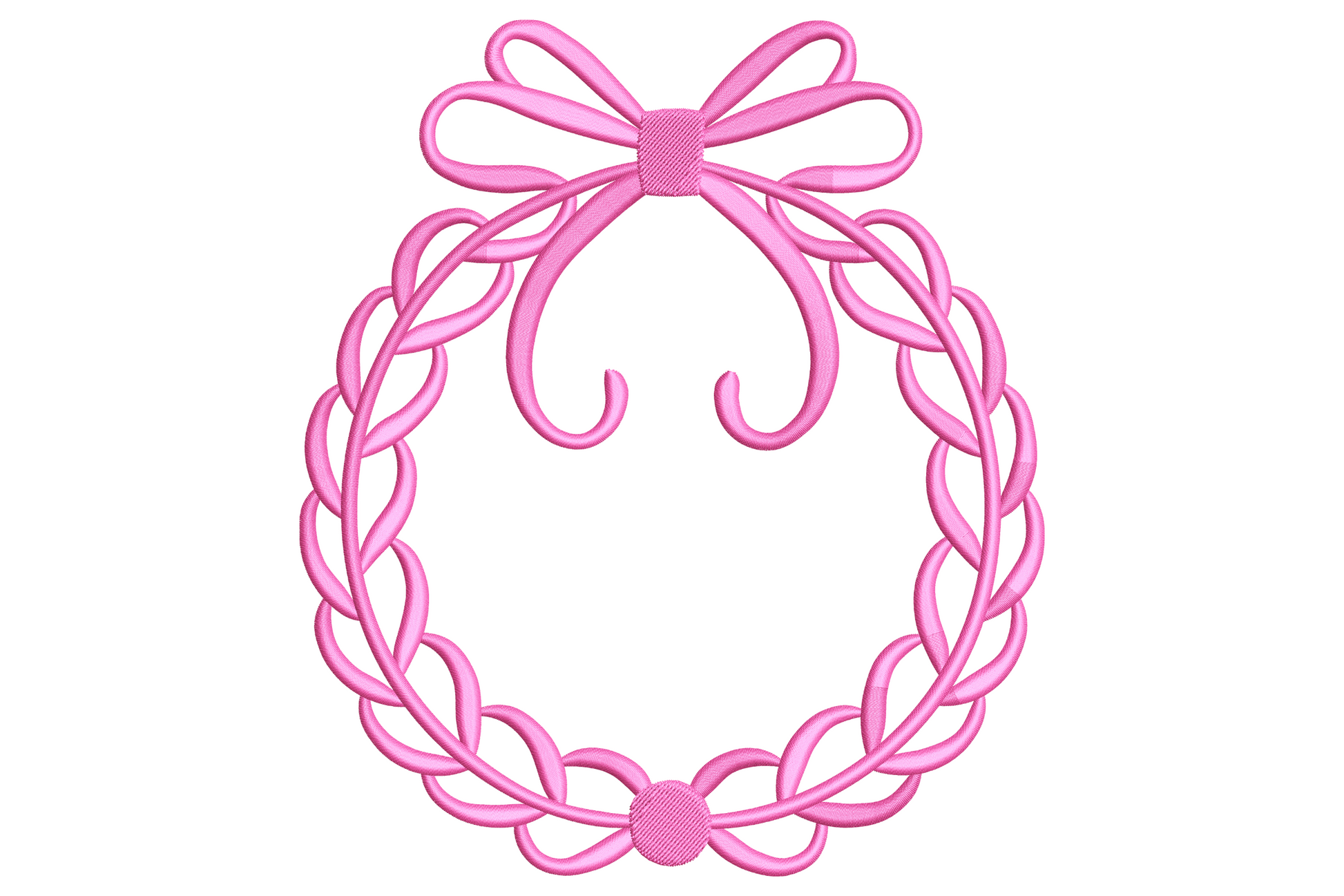 Soft pink ribbon wreath frame embroidery design with a small bow at the bottom and an open centre ready for a baby name monogram.