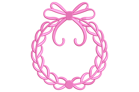 Soft pink ribbon wreath frame embroidery design with a small bow at the bottom and an open centre ready for a baby name monogram.