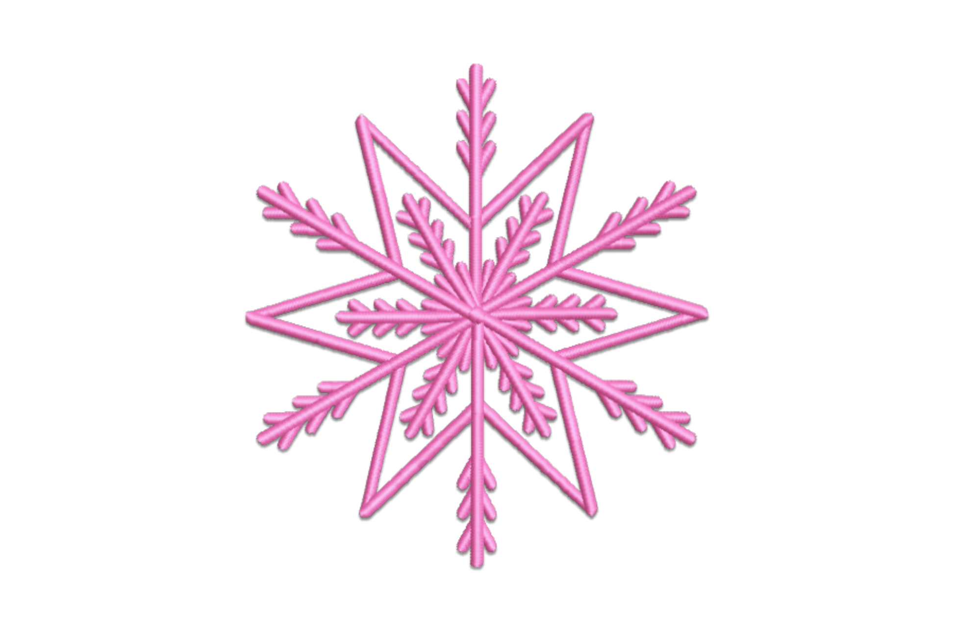 Hot pink eight-pointed snowflake embroidery with oak-leaf arm details and dense satin fill, bold and graphic winter design