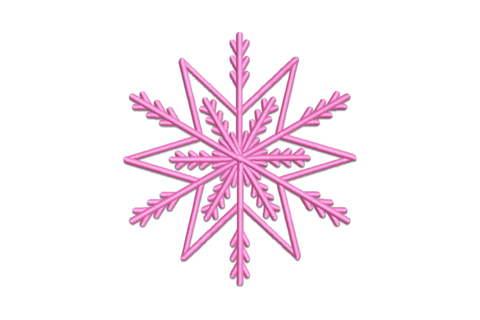 Hot pink eight-pointed snowflake embroidery with oak-leaf arm details and dense satin fill, bold and graphic winter design