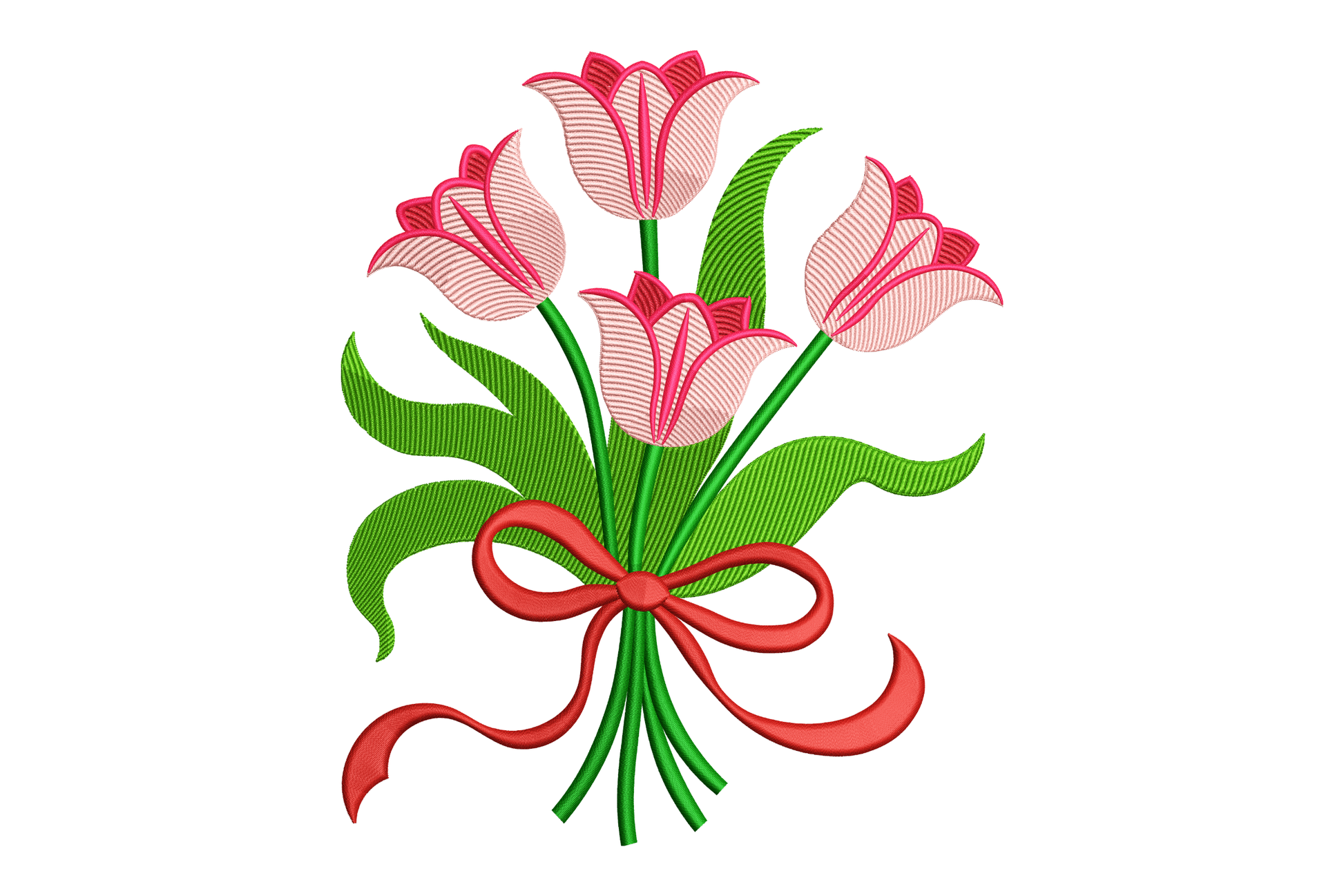 Embroidered design of pink tulips with a red bow on a white background