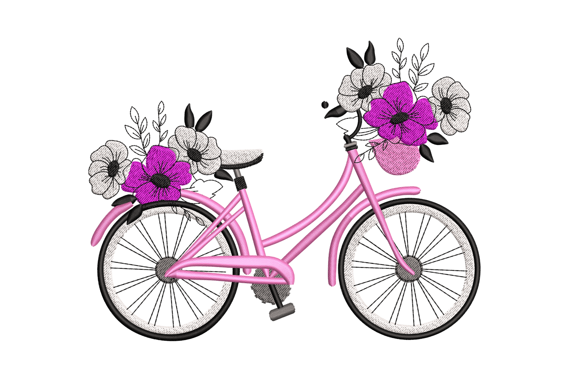 Pink vintage bicycle with flowers embroidery design, magenta anemone blooms cascade over frame and handlebars, 5 color spring bike motif