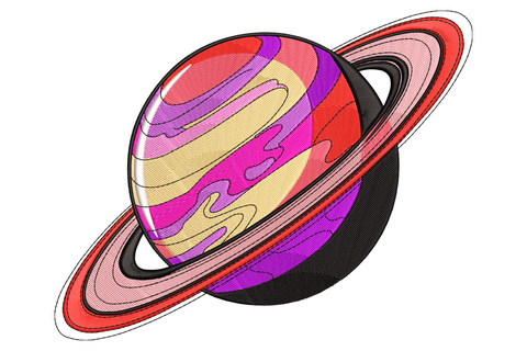 Saturn-style planet with magenta and purple cloud bands, bold red and pink rings, space machine embroidery design.