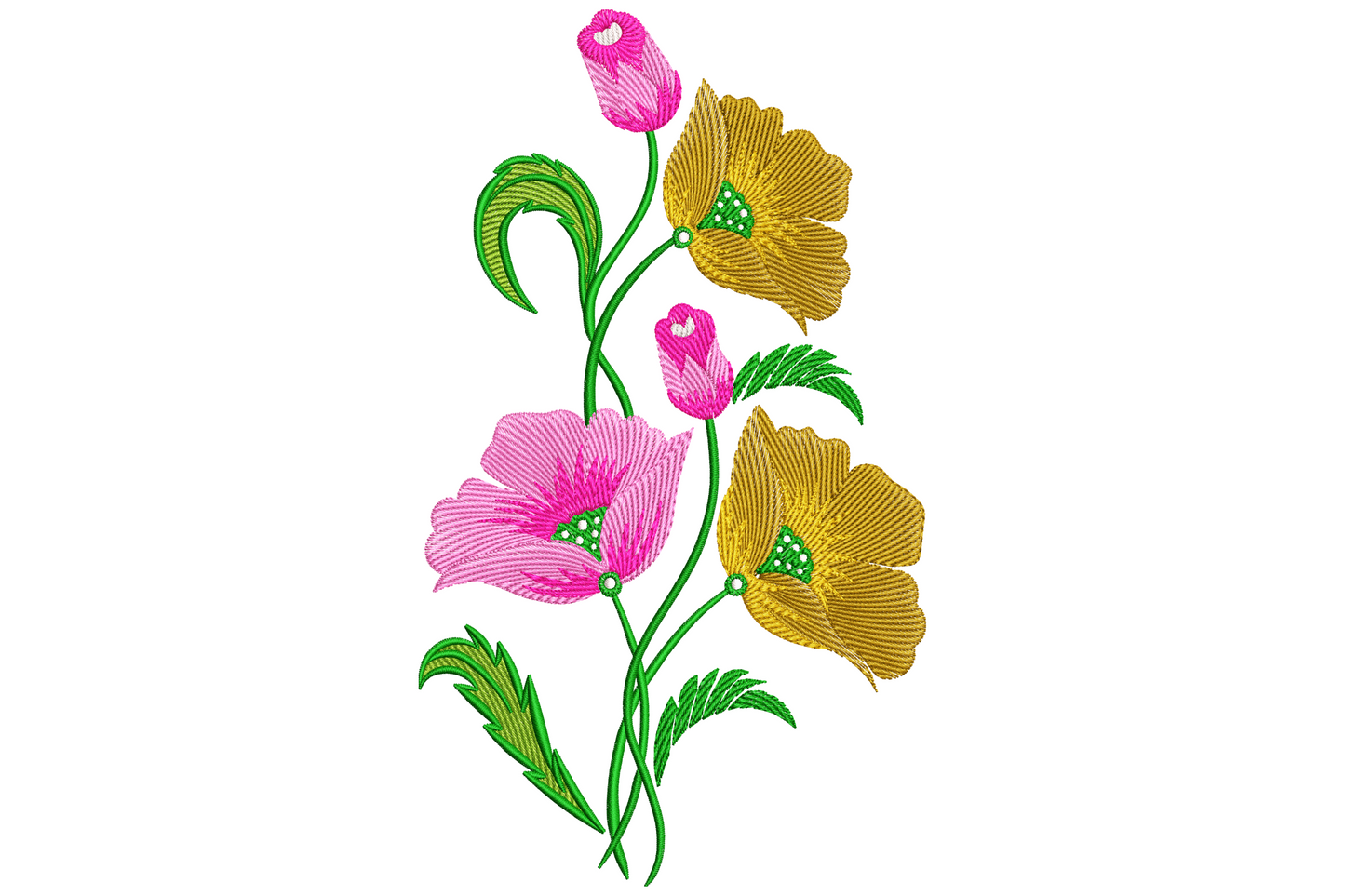 Pink and yellow floral embroidery design with poppy blooms, pink rosebuds and satin-stitch green stems on a vertical botanical spray.