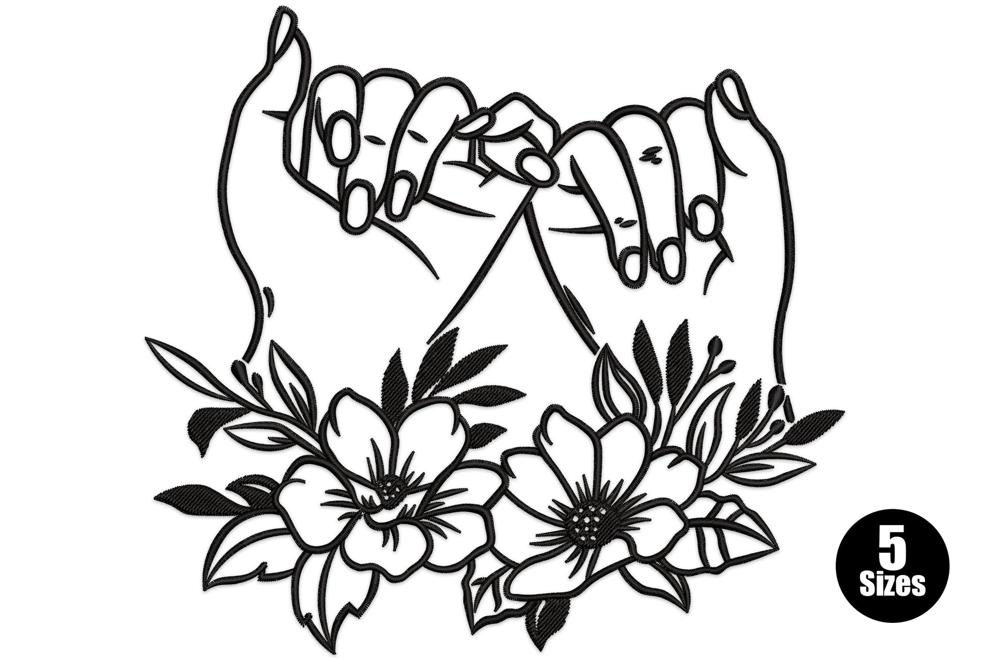 Pinky promise hands meeting at the top with magnolia and cosmos flowers below, all in fine black line art embroidery design.