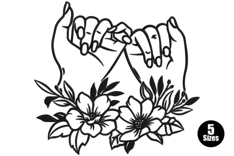 Pinky promise hands meeting at the top with magnolia and cosmos flowers below, all in fine black line art embroidery design.
