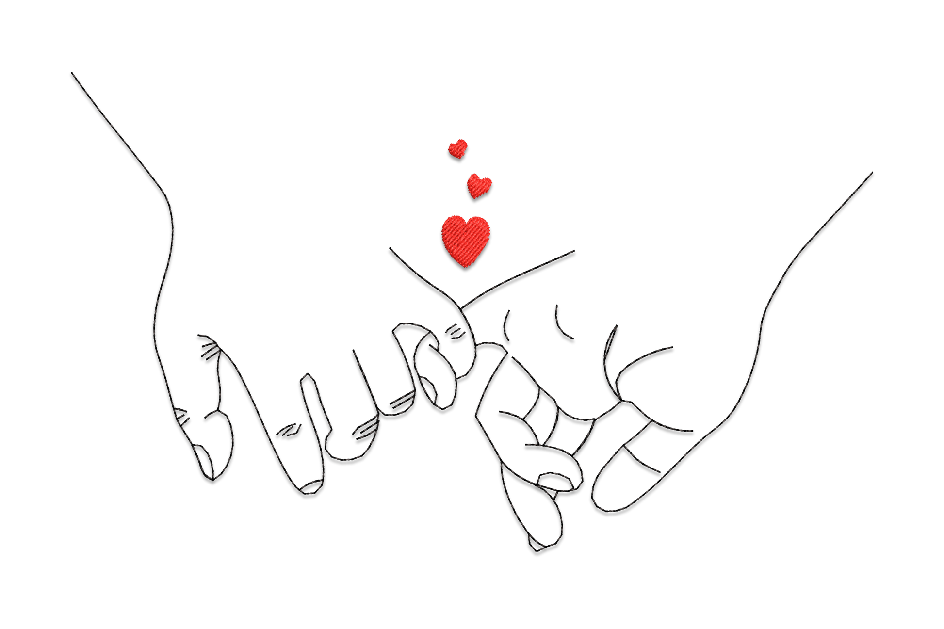 Embroidery design of two hands with pinky fingers hooked together in a promise gesture, line art style in pink