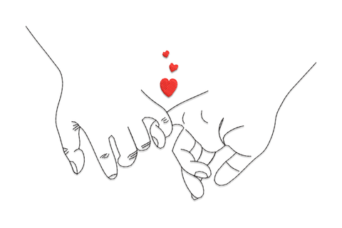 Embroidery design of two hands with pinky fingers hooked together in a promise gesture, line art style in pink