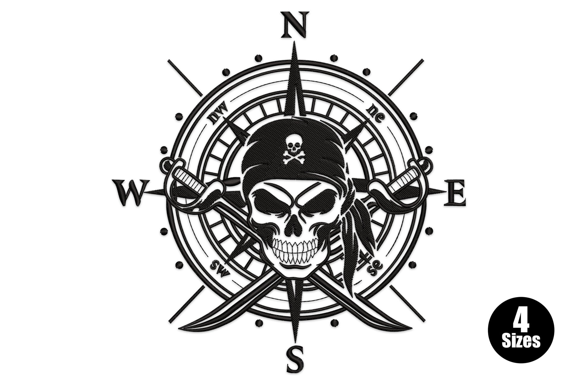 Pirate skull compass rose embroidery design black single colour, skull bandana crossed swords, 4 sizes 5-8 inch, 20935-34539 stitches