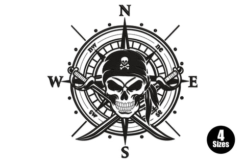 Pirate skull compass rose embroidery design black single colour, skull bandana crossed swords, 4 sizes 5-8 inch, 20935-34539 stitches