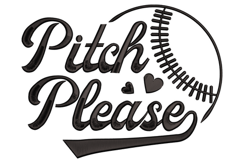 Pitch Please baseball embroidery design with bold black cursive script and a half-baseball outline behind
