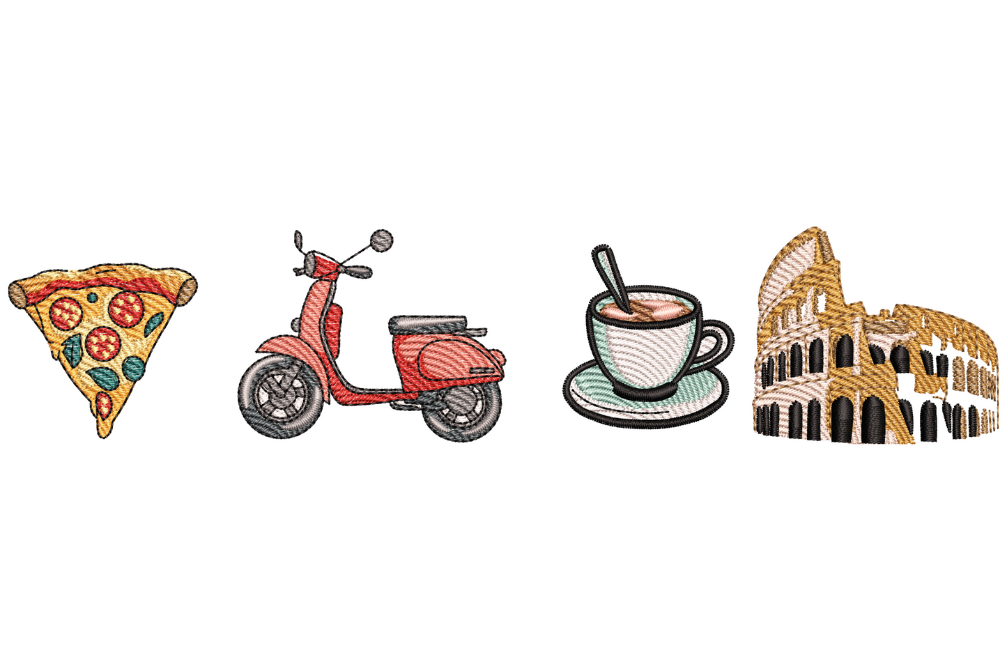 Travel strip embroidery with pizza slice, red vespa, cappuccino cup and Roman colosseum lined up in a horizontal row.