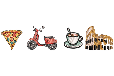 Travel strip embroidery with pizza slice, red vespa, cappuccino cup and Roman colosseum lined up in a horizontal row.