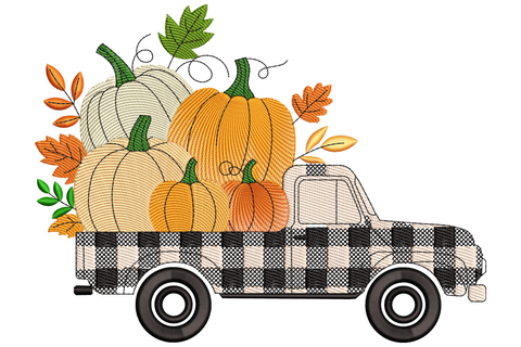 Plaid truck pumpkins embroidery with cream crosshatch truck body, orange pumpkins, autumn leaves in rust and green.